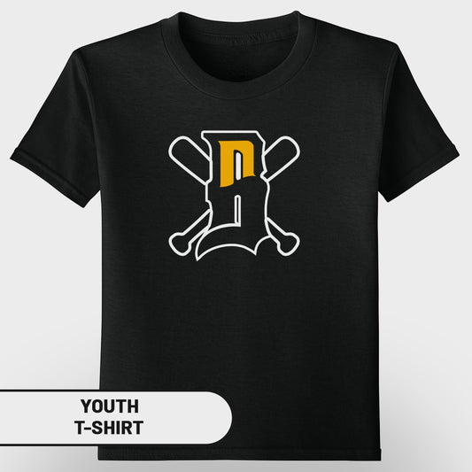 Black youth t-shirt with a white and yellow baseball "D" logo.
