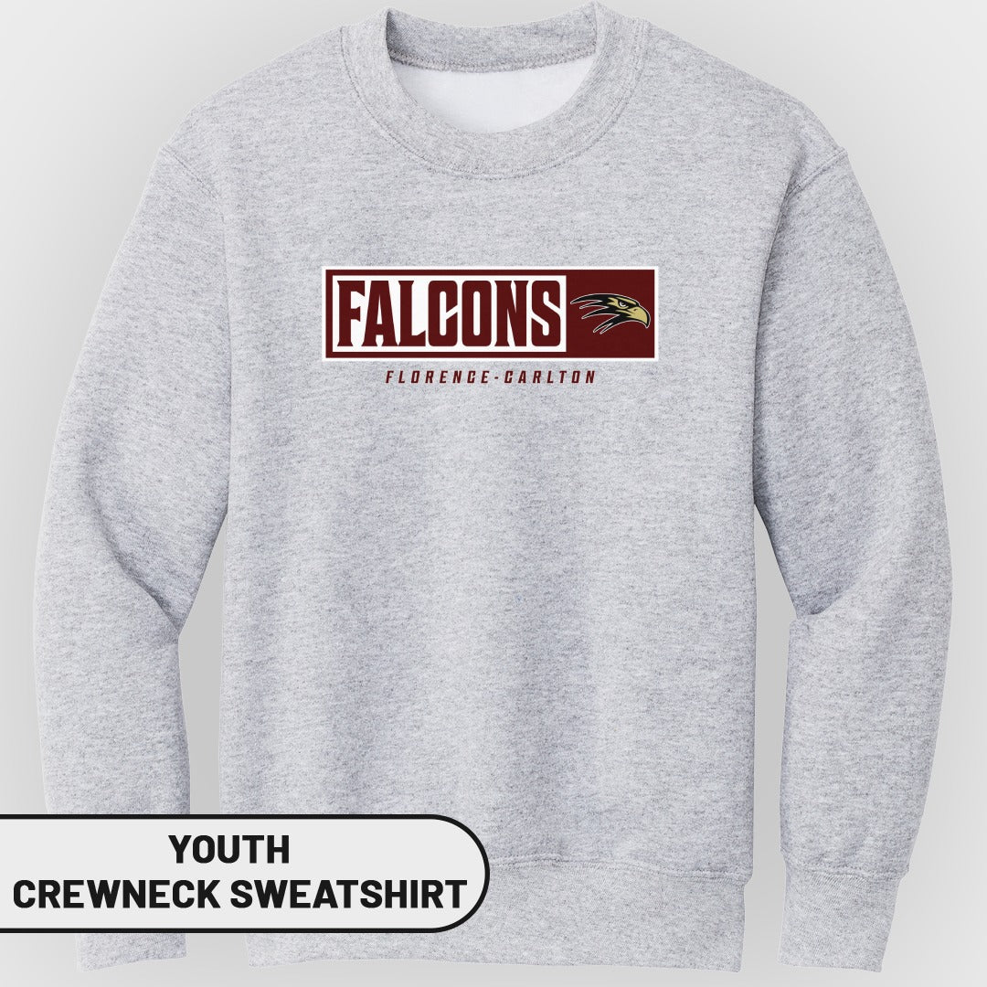 Light gray youth crewneck sweatshirt with "Falcons Florence-Carlton" text and eagle logo.