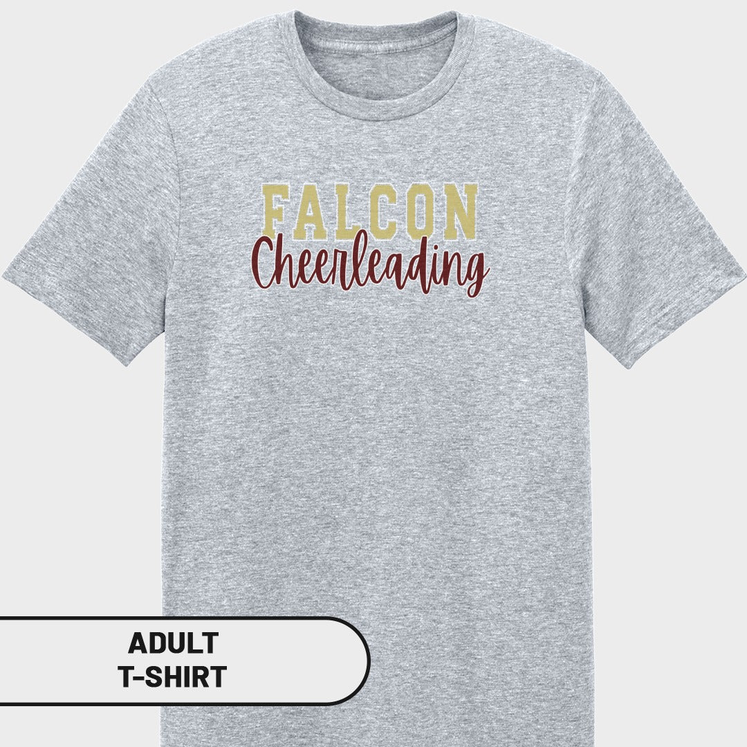 Grey adult t-shirt with "FALCON Cheerleading" text in gold and maroon.
