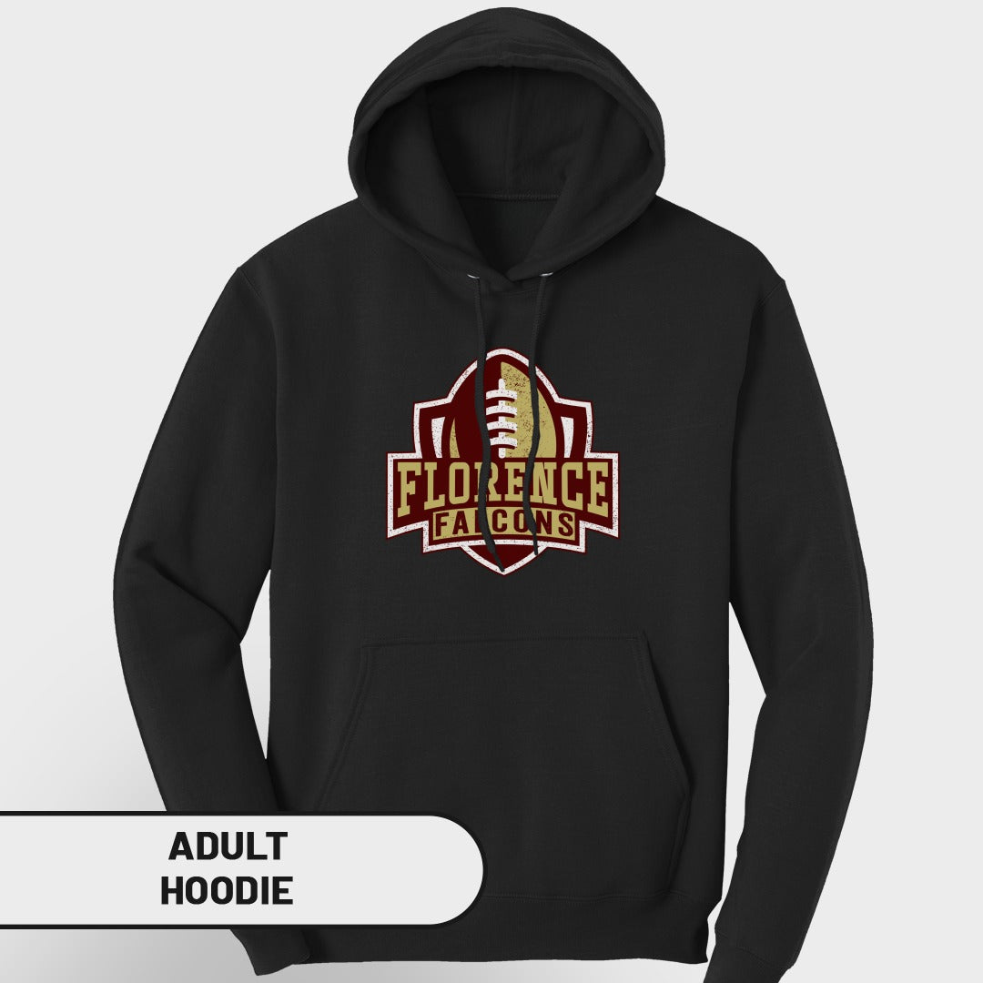 Black adult hoodie with Florence Falcons football logo on chest.