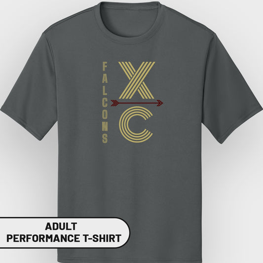 Dark grey t-shirt with "Falcons XC" text and arrow graphic.