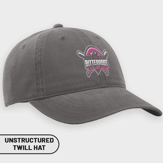 Gray unstructured twill hat with pink and silver "Bitterroot All-Stars" logo.