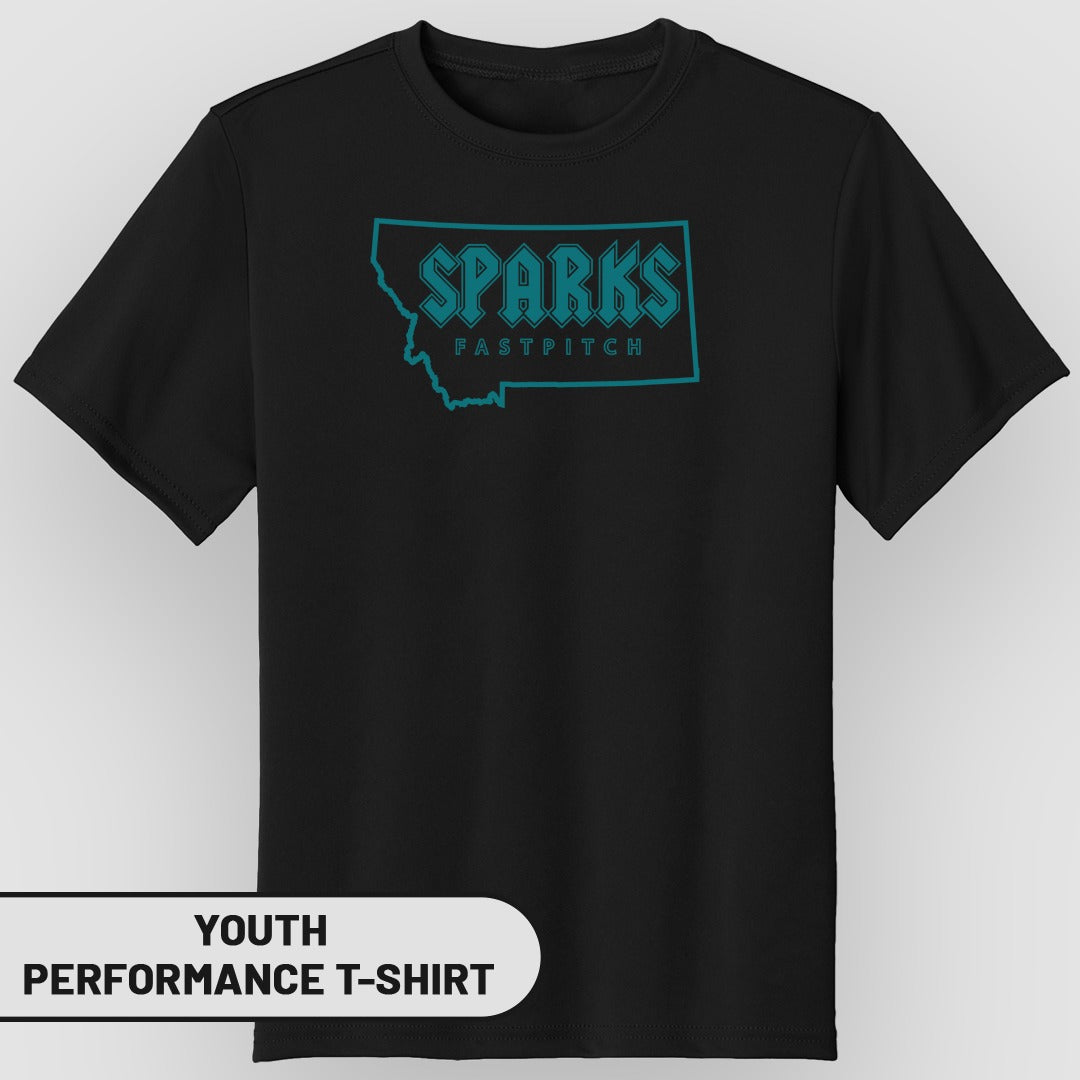 Black youth performance t-shirt with teal "SPARKS FASTPITCH" graphic.