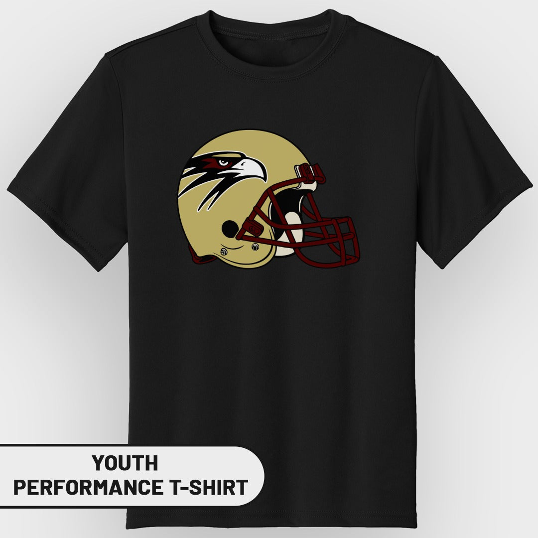 Black youth performance t-shirt with gold football helmet and eagle graphic.