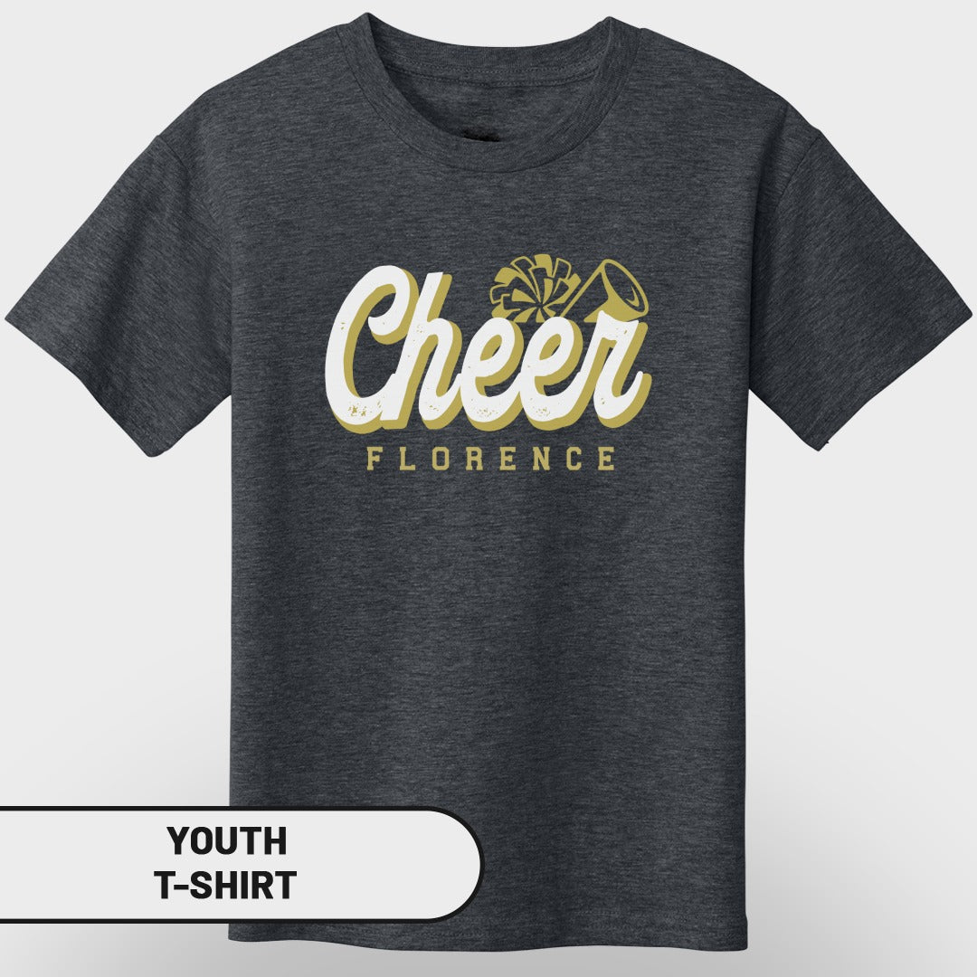 Dark gray youth t-shirt with "Cheer Florence" text and graphic.
