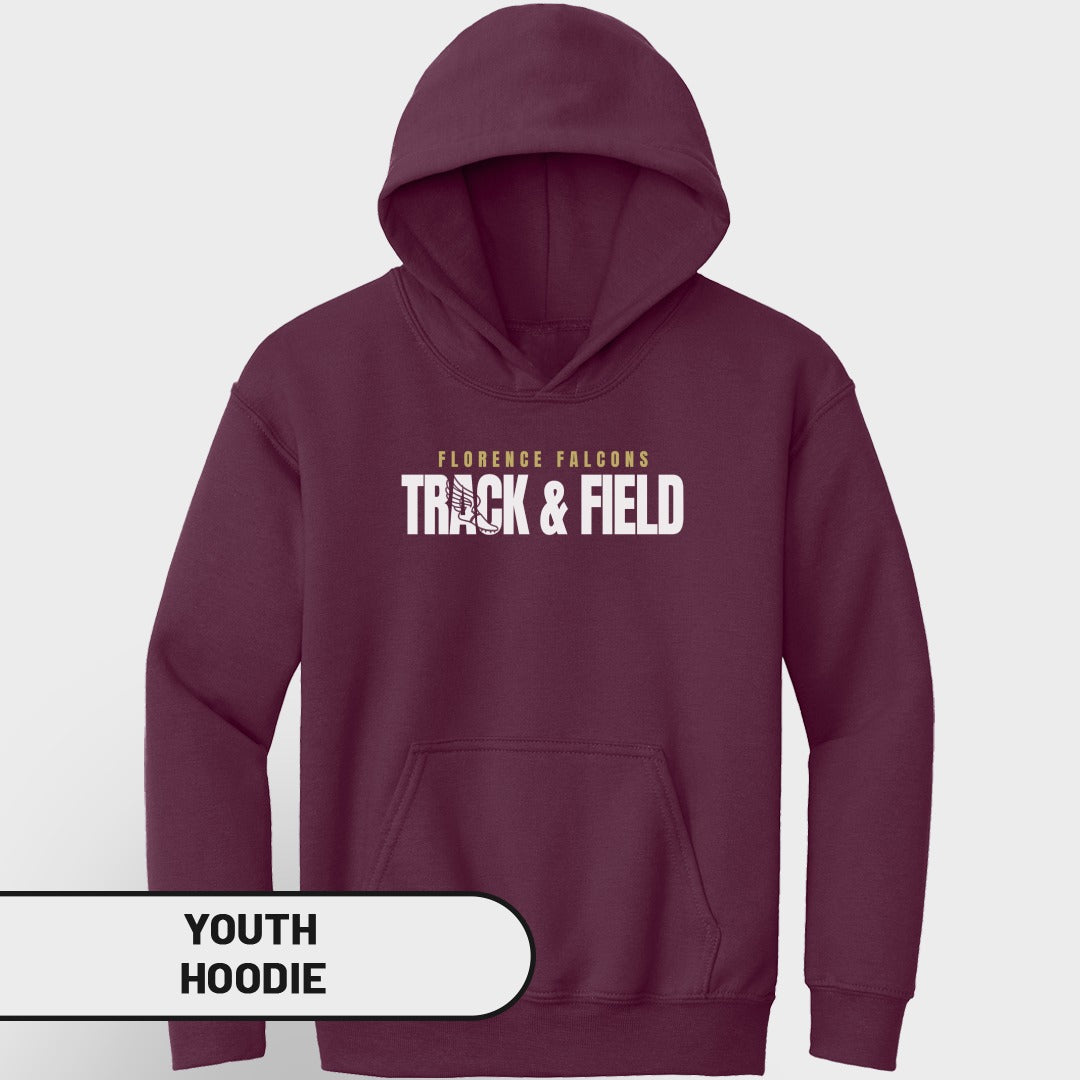 Maroon youth hoodie with "Florence Falcons Track & Field" text.