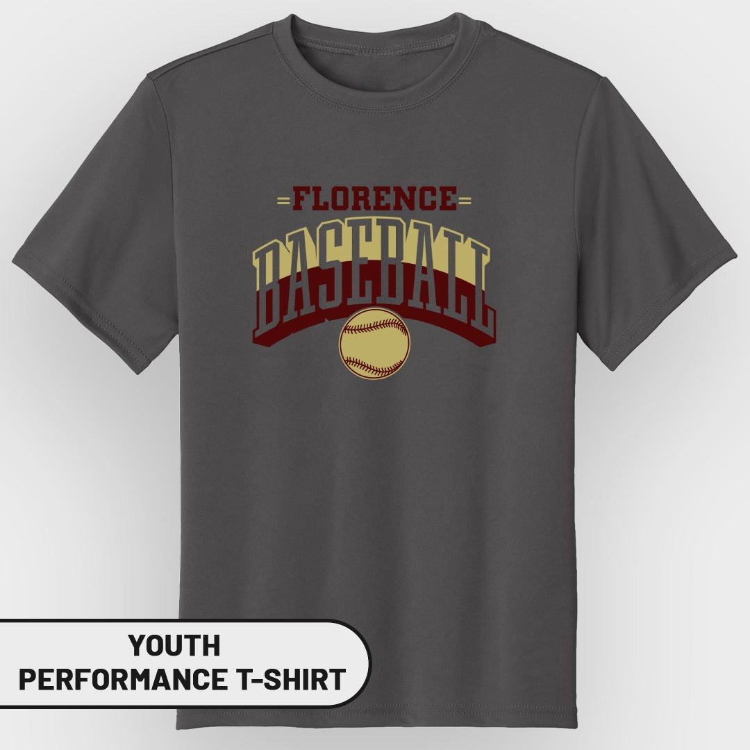 Gray youth performance t-shirt with "Florence Baseball" and baseball graphic.