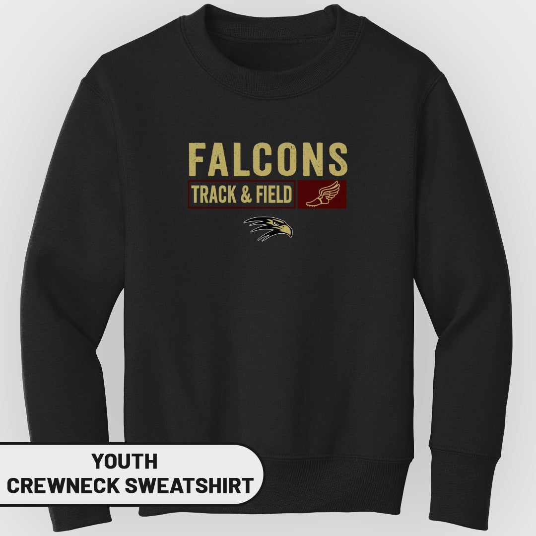 Youth black crewneck sweatshirt with "Falcons Track & Field" and eagle graphic.