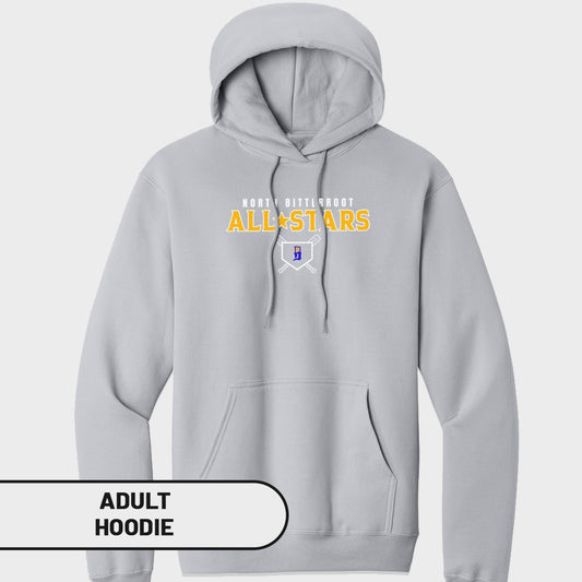 Grey adult hoodie with "NORTH BITHUBROOT ALLSTARS" baseball logo.