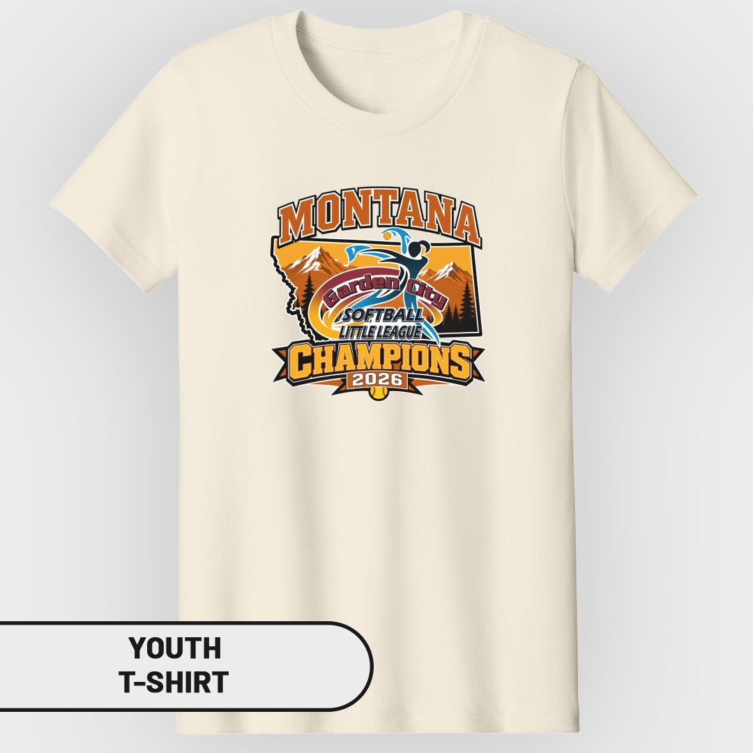 Montana Little League Softball Champions 2026 youth t-shirt graphic with state outline.