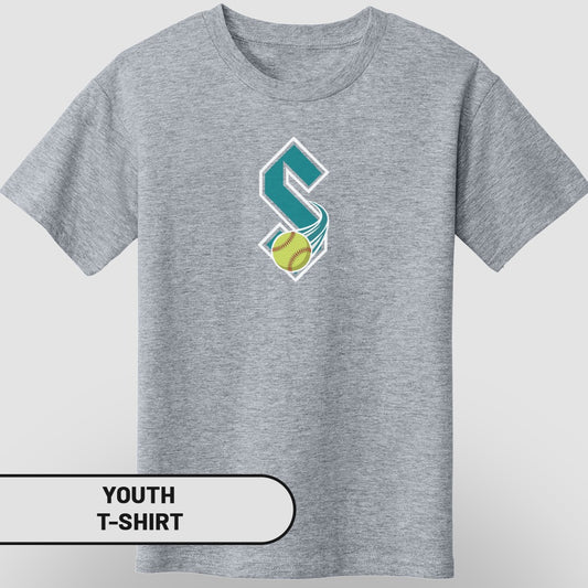 Grey youth t-shirt with a teal "S" logo and a softball.