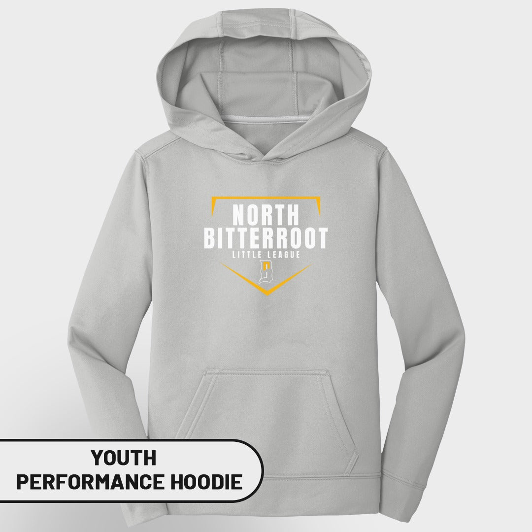 Gray youth performance hoodie with "North Bitterroot Little League" logo.