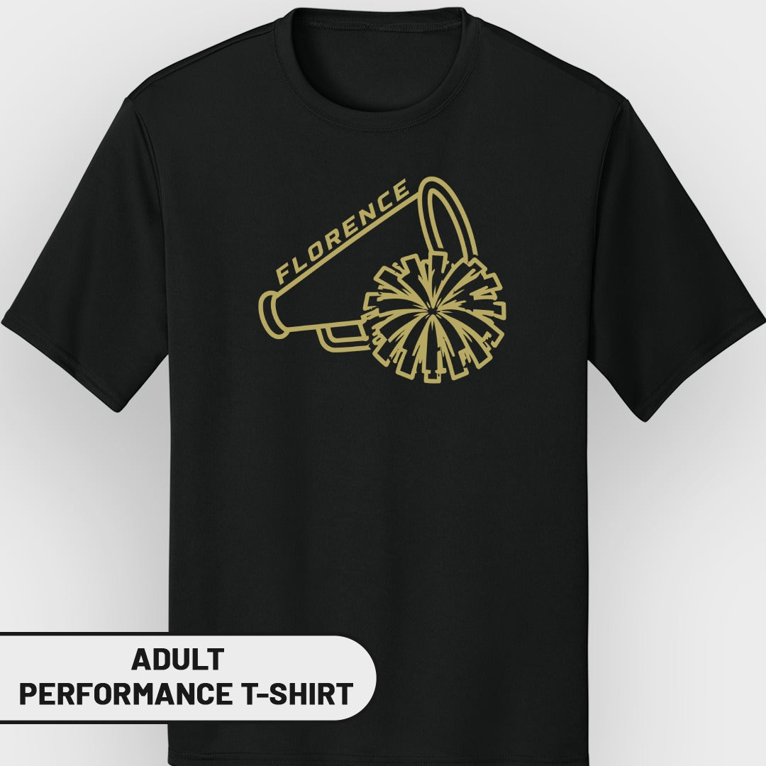 Black t-shirt with gold megaphone and pom-pom graphic and "FLORENCE" text.