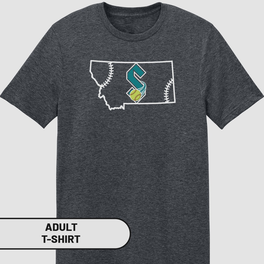 Dark gray adult t-shirt with Montana outline and softball S logo.