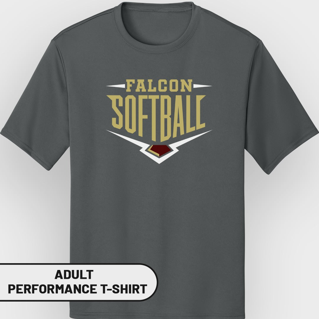 Gray adult performance t-shirt with "FALCON SOFTBALL" graphic.