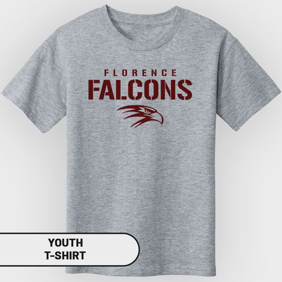 Youth grey t-shirt with maroon "Florence Falcons" text and hawk logo.