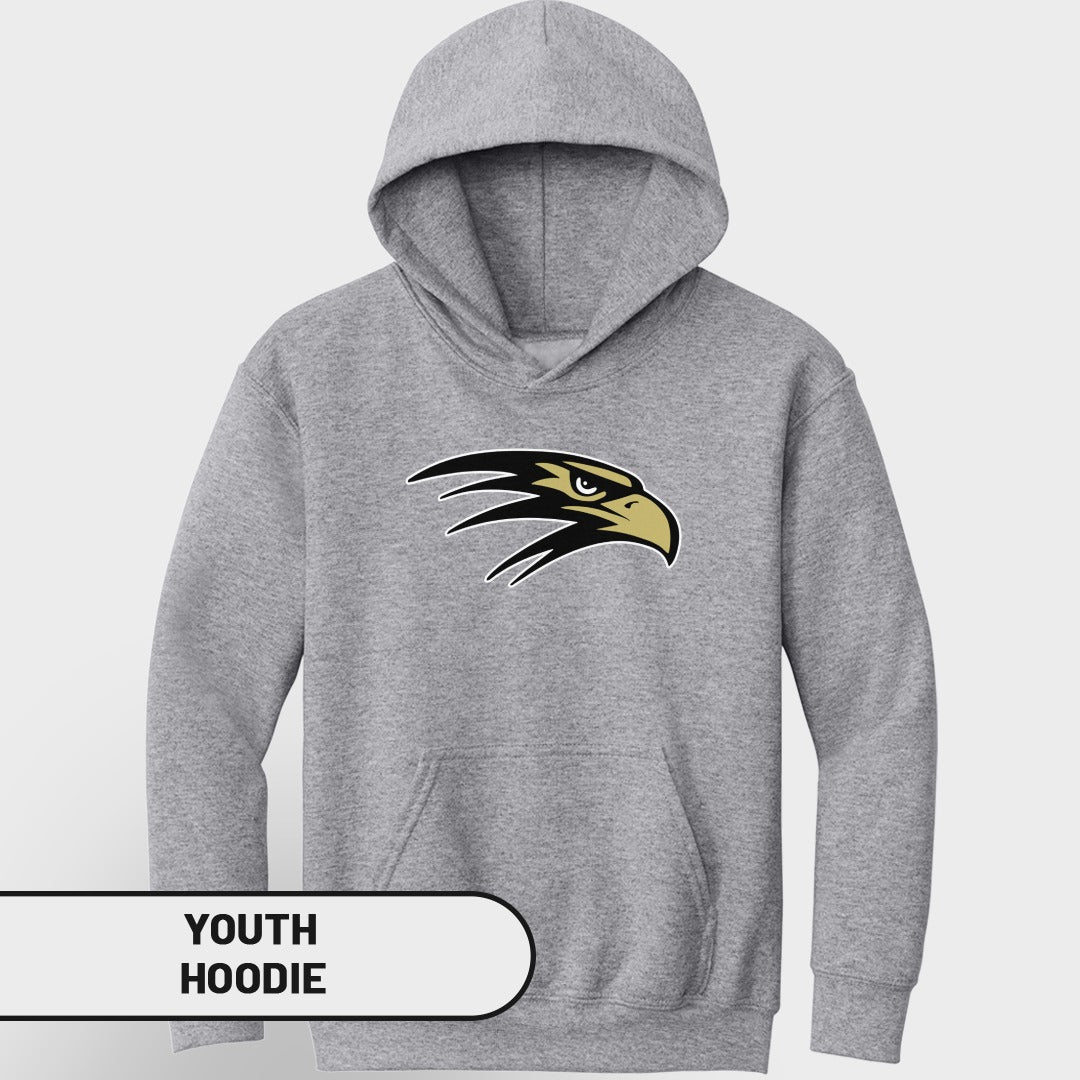 Grey youth hoodie with black and gold hawk head logo.