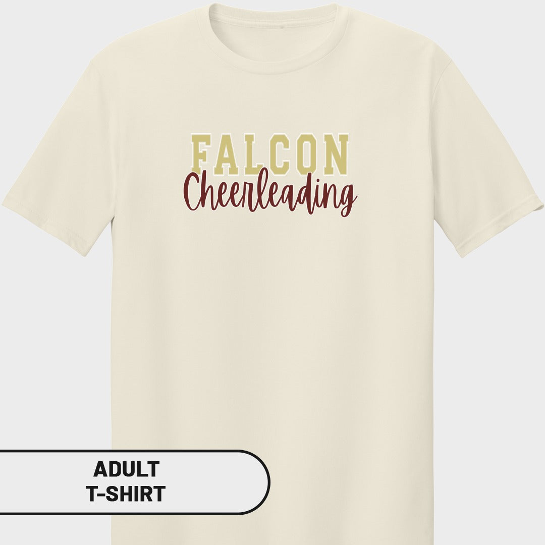 Cream adult t-shirt with "FALCON Cheerleading" text in gold and burgundy.
