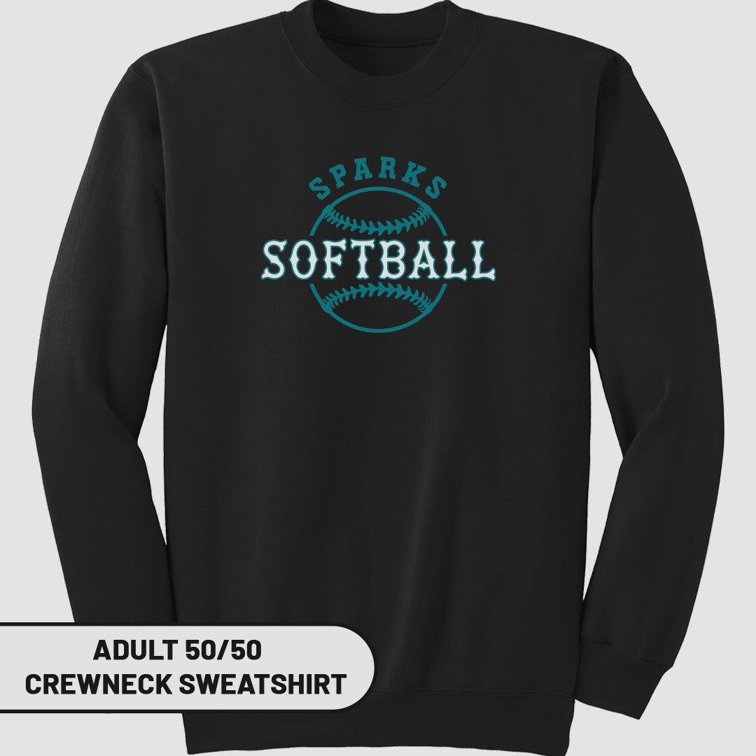 Black crewneck sweatshirt with "SPARKS SOFTBALL" graphic.