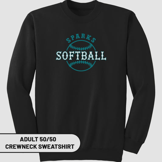 Black crewneck sweatshirt with "SPARKS SOFTBALL" graphic.