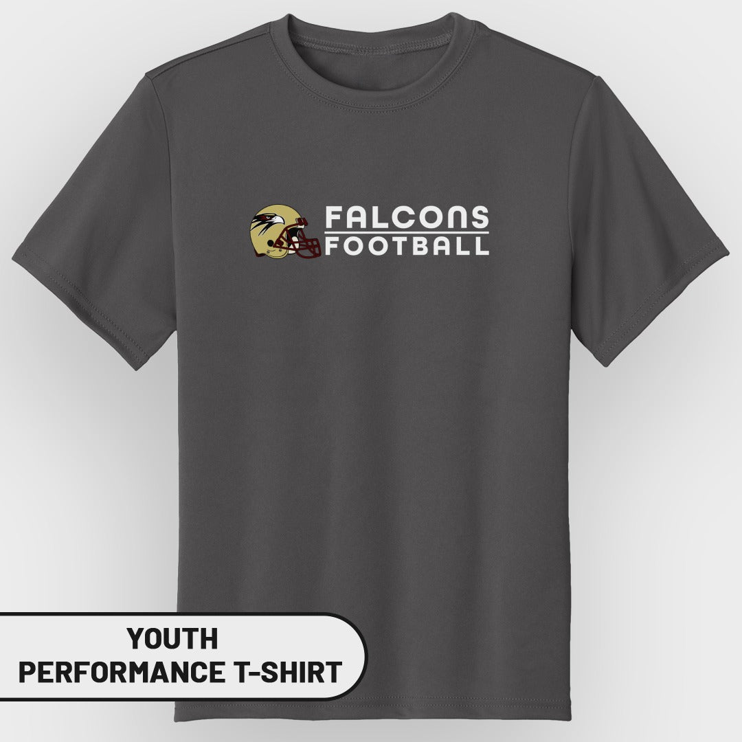 Dark grey youth performance t-shirt with "Falcons Football" text and helmet graphic.
