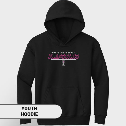 Black youth hoodie with "North Bitterroot All-Stars" and a "D" logo.