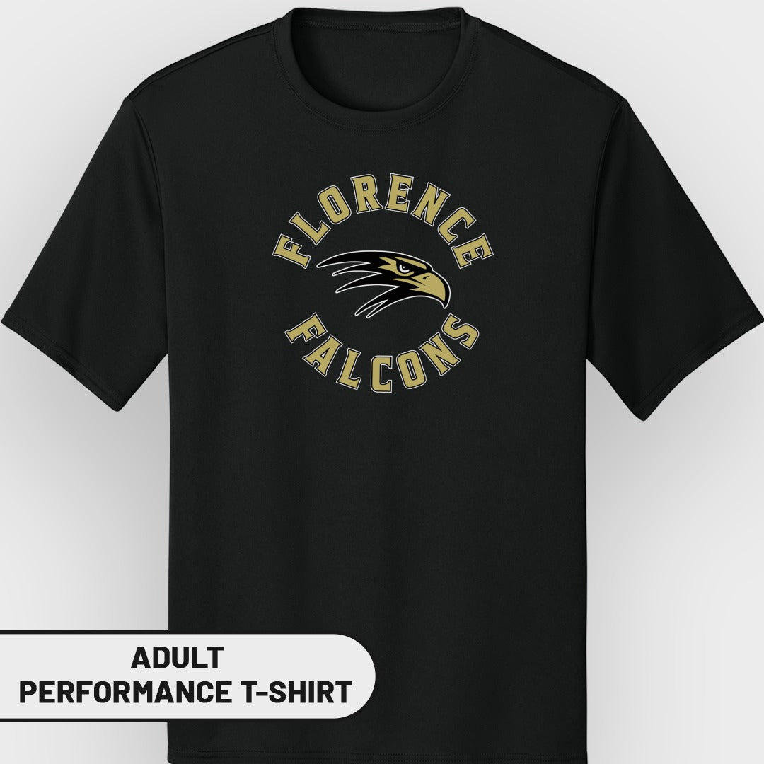 Black adult performance t-shirt with a circular Florence Falcons logo featuring a falcon head.