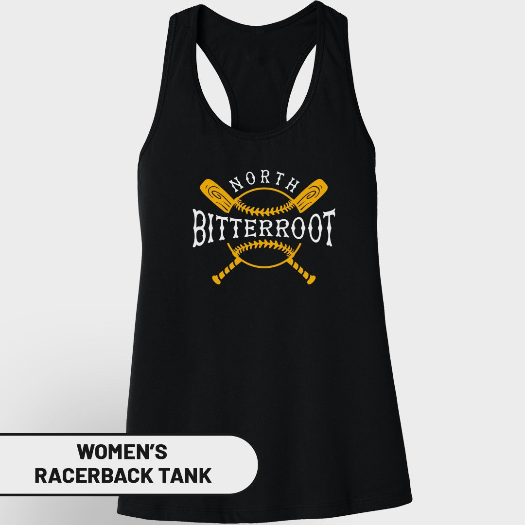 Black women's racerback tank with "North Bitterroot" baseball design.