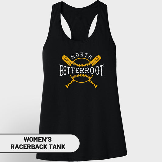 Black women's racerback tank with "North Bitterroot" baseball design.