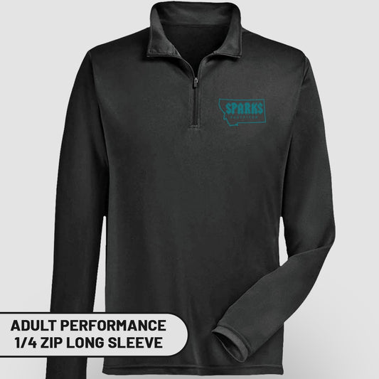 Black adult performance 1/4 zip long sleeve shirt with Sparks logo.