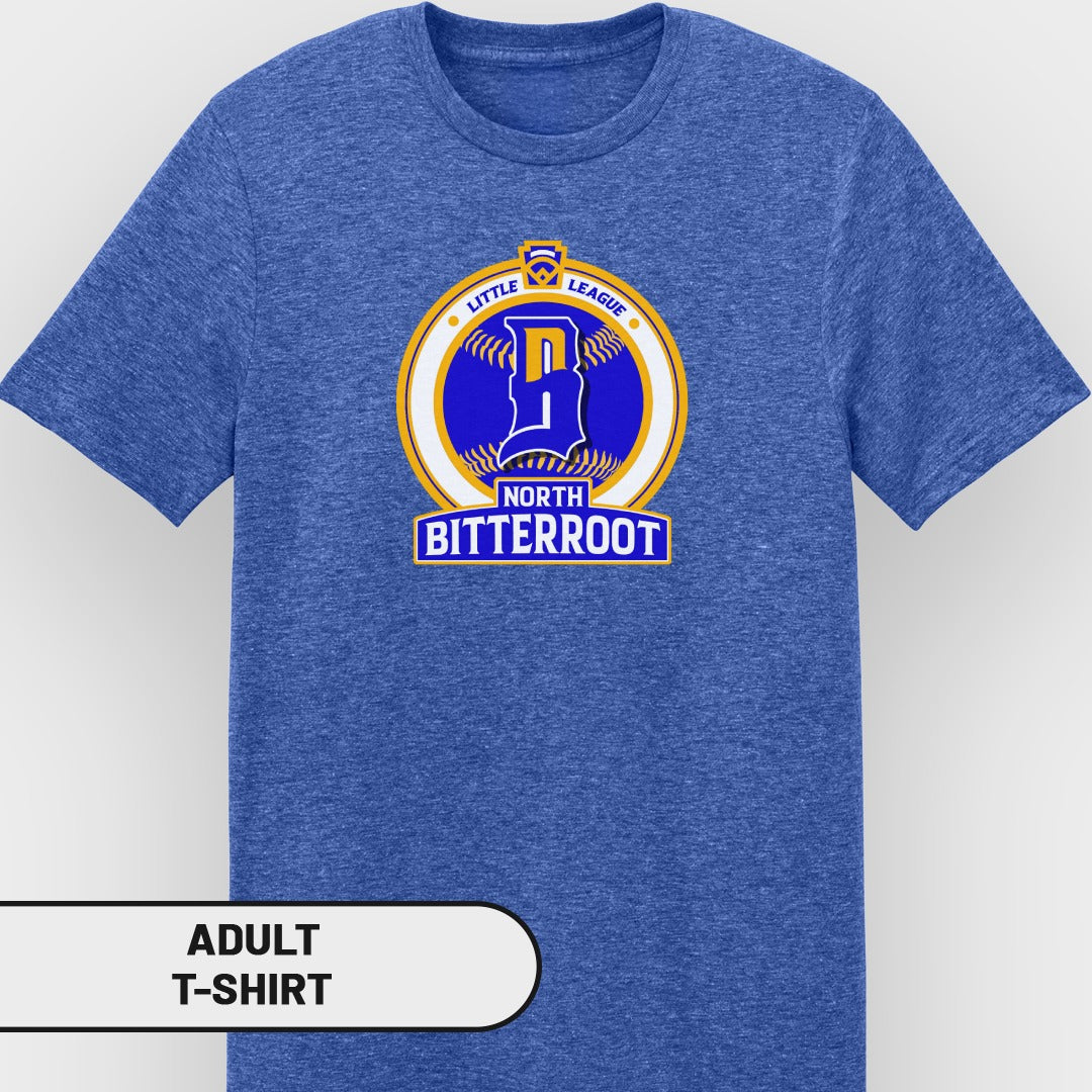 Blue heather t-shirt with Little League North Bitterroot logo.