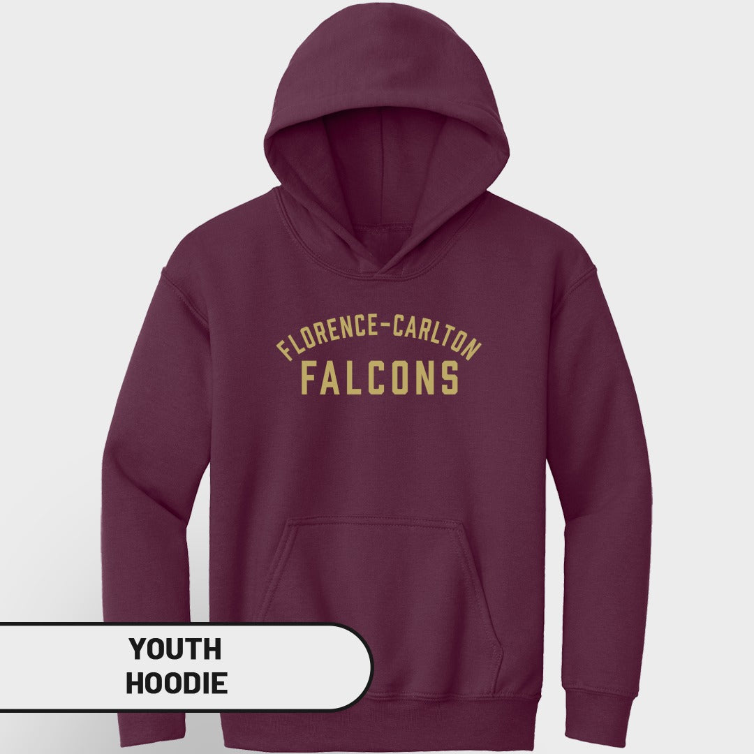 Maroon youth hoodie with "Florence-Carlton Falcons" text in gold.