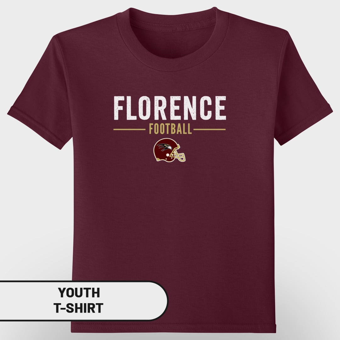 Maroon youth t-shirt with "Florence Football" text and helmet graphic.