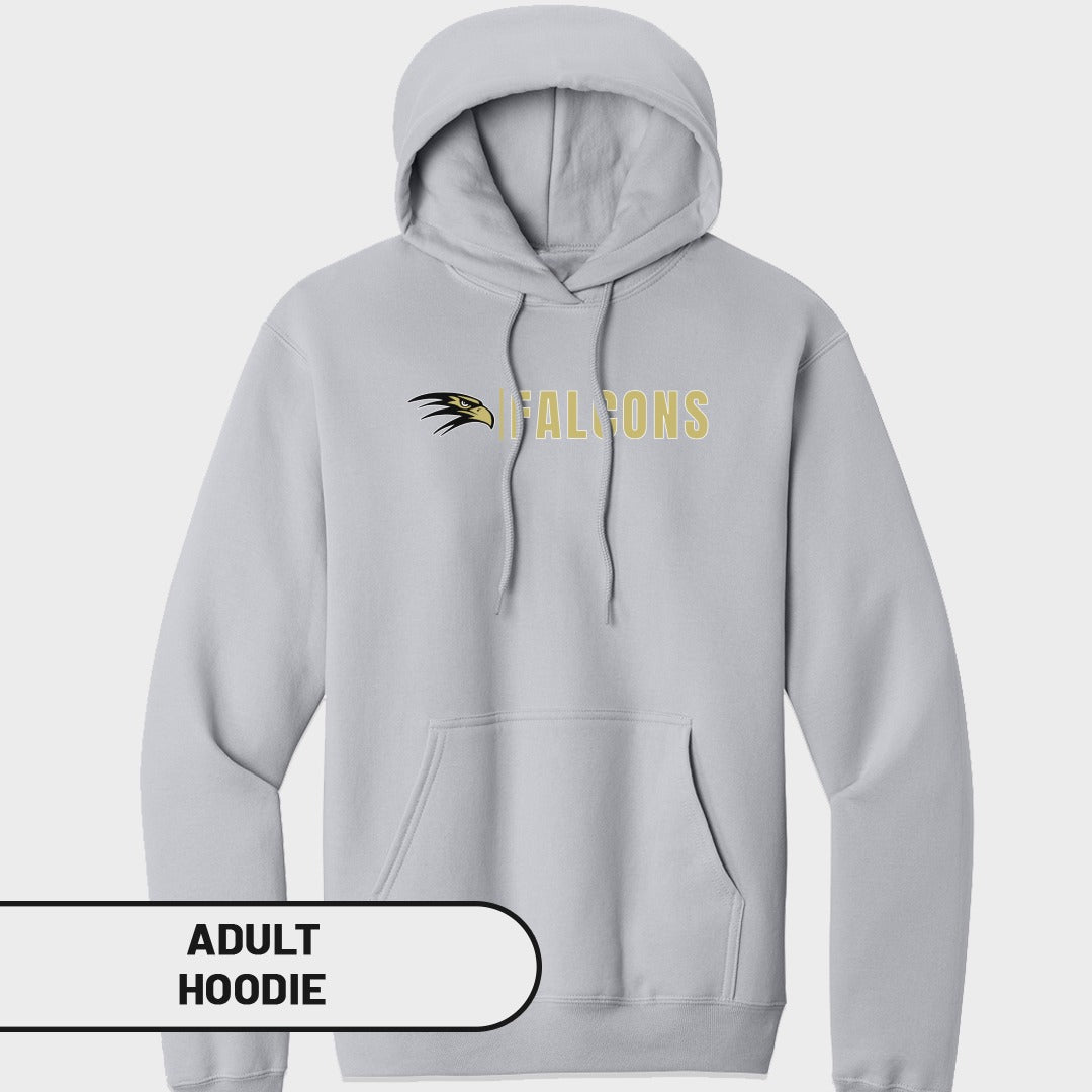Light gray adult hoodie with "FALCONS" text and a hawk emblem.