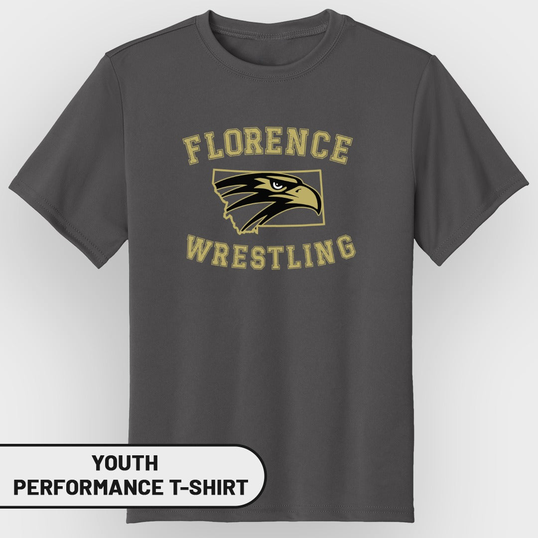 Dark grey youth performance t-shirt with Florence Wrestling eagle logo and text.