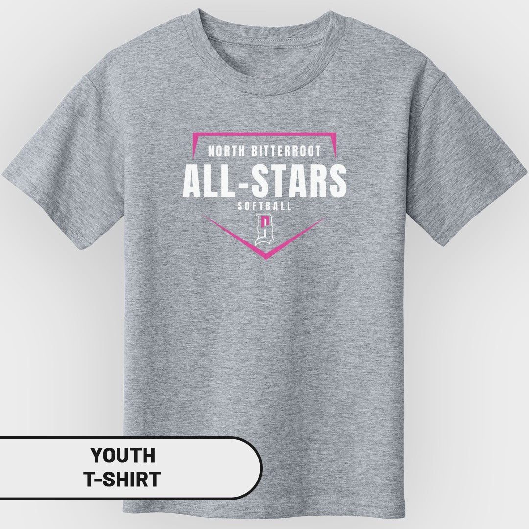 Youth grey t-shirt with "North Bitterroot All-Stars Softball" text and pink shield logo.