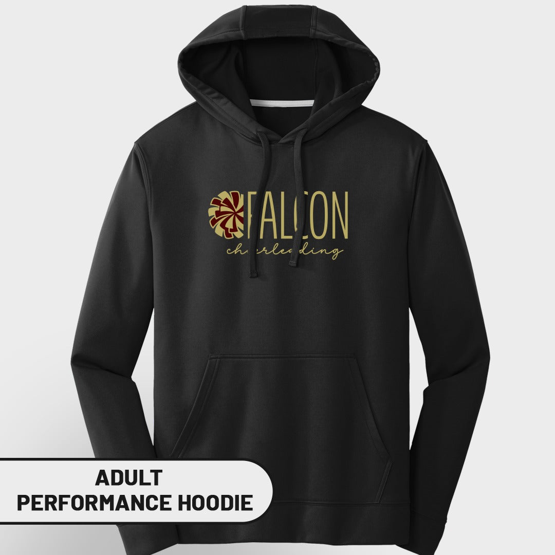 Black adult performance hoodie with gold "FALCON" and "cheerleading" text.