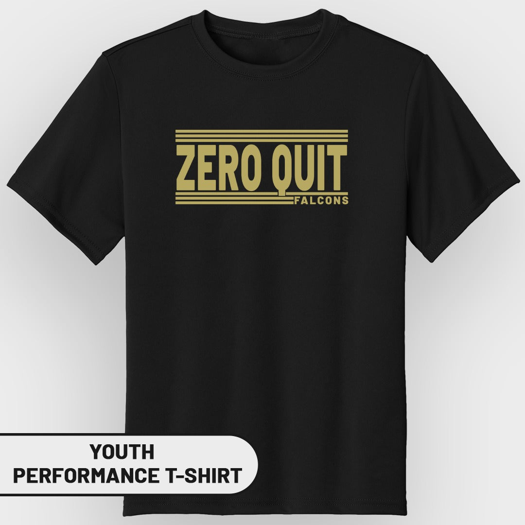 Black youth performance t-shirt with gold "ZERO QUIT FALCONS" graphic.