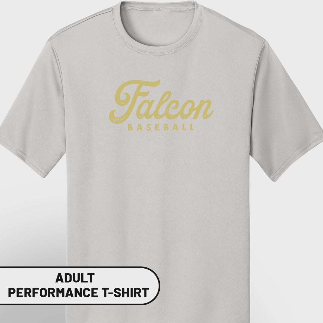 Light grey adult performance t-shirt with yellow "Falcon BASEBALL" graphic.