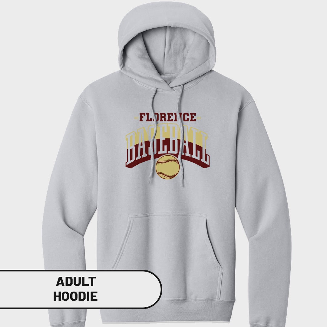 Grey adult hoodie with "Florence Baseball" text and baseball graphic.