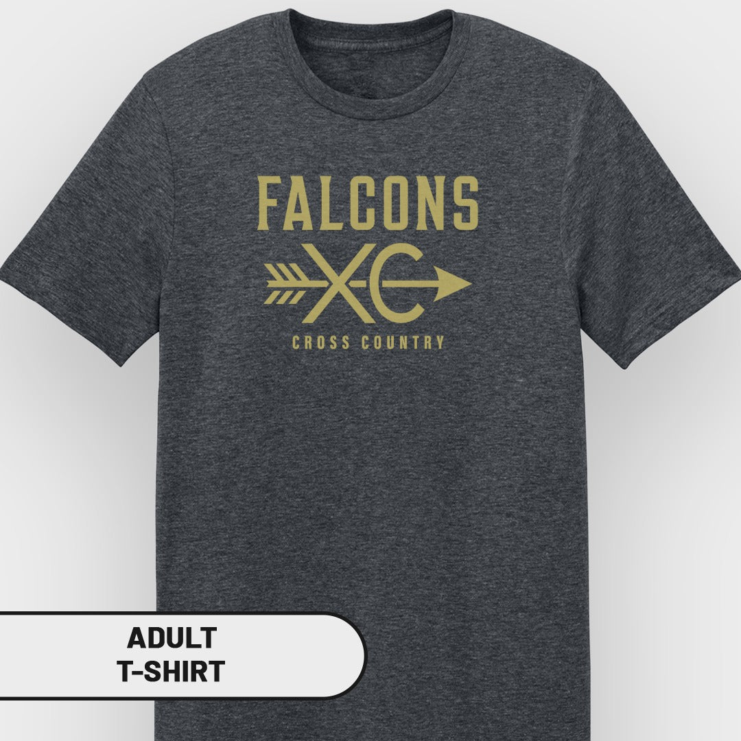 Adult t-shirt with gold "FALCONS XC CROSS COUNTRY" text and arrow graphic.