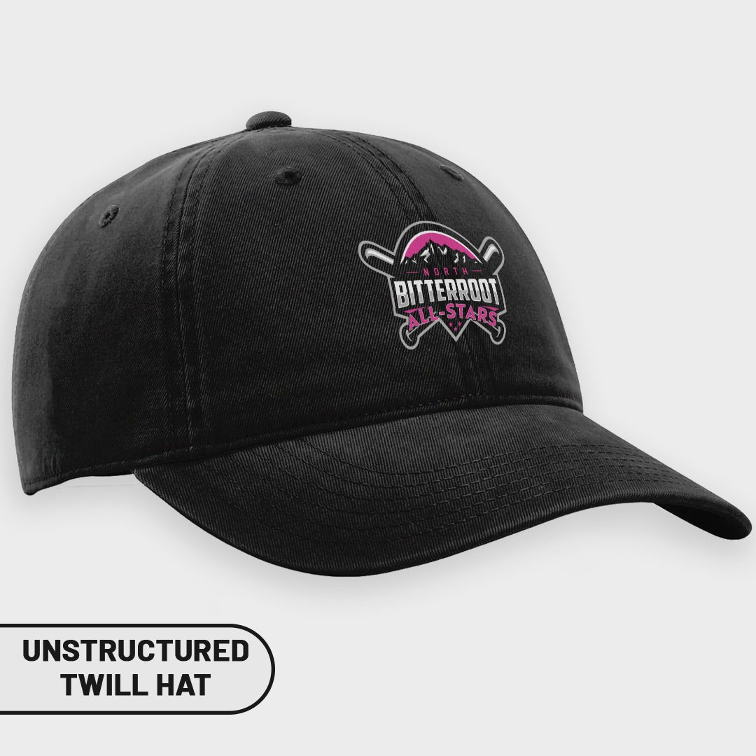 Black unstructured twill hat with "North Bitterroot All-Stars" logo.