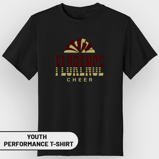 Black youth performance t-shirt with "Florence Cheer" graphic in red and gold.
