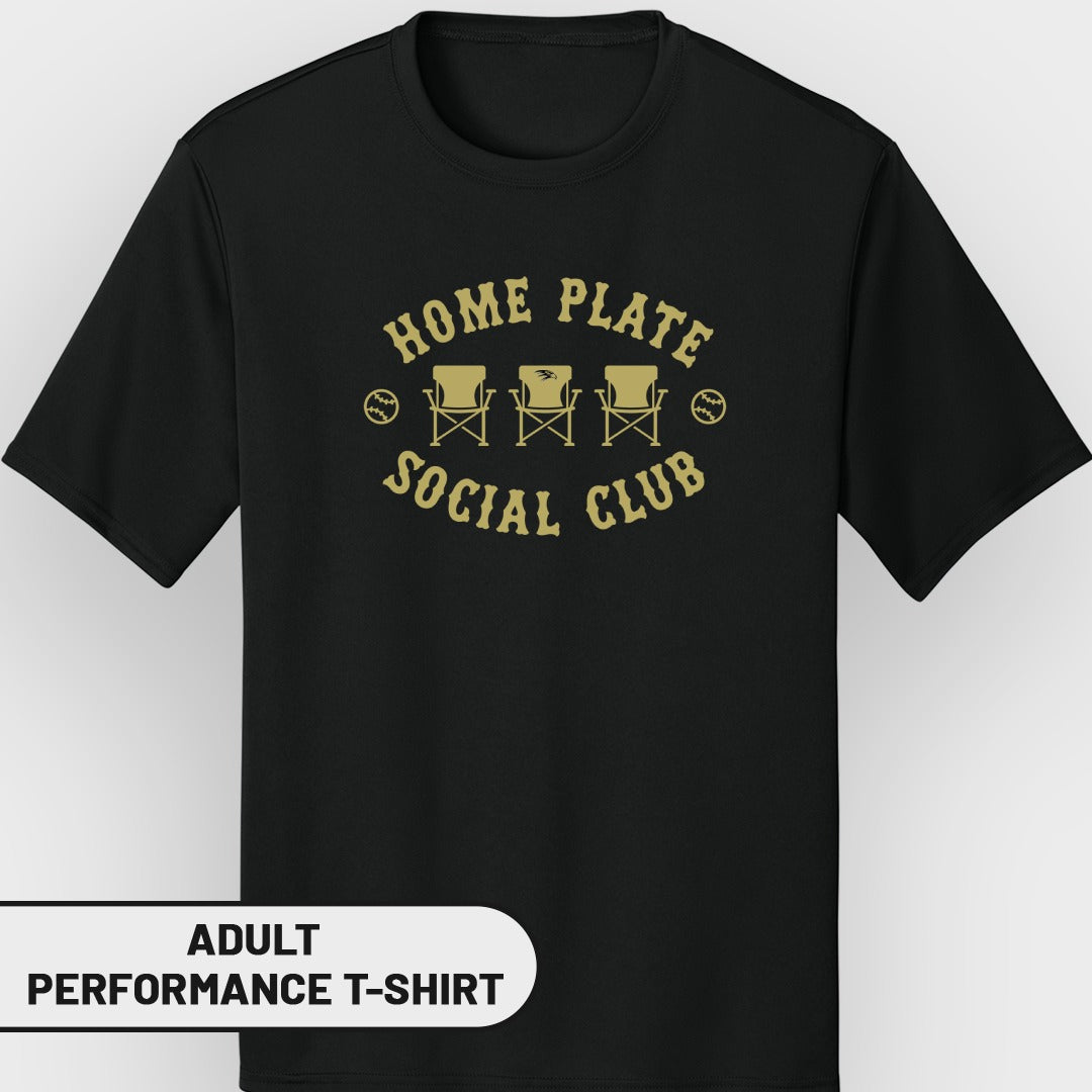 Black t-shirt with gold text "HOME PLATE SOCIAL CLUB" and three chairs.