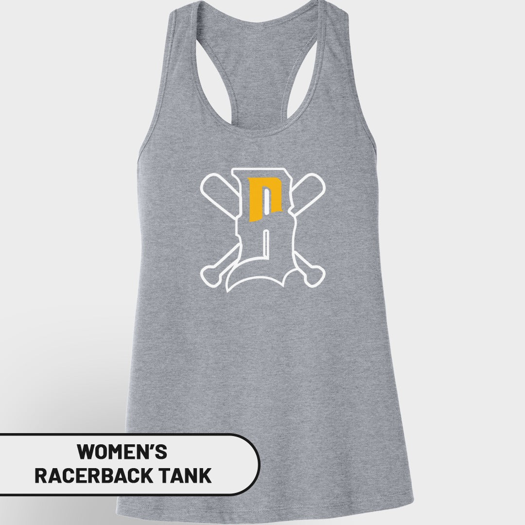 Grey women's racerback tank with white and yellow "D" logo.