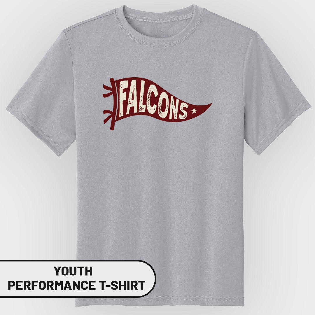 Gray youth performance t-shirt with a red banner graphic that says "Falcons".