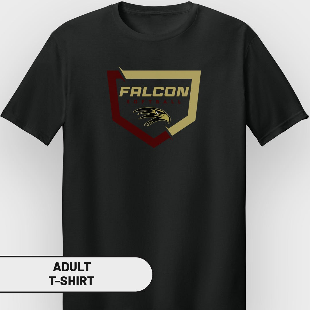 Black adult t-shirt with "FALCON SOFTBALL" logo and eagle head graphic.