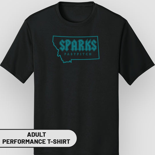 Black t-shirt with "SPARKS FASTPITCH" logo inside Montana outline.