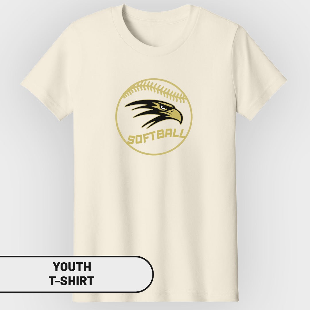 Cream youth t-shirt with a gold softball graphic featuring a hawk head and the word "SOFTBALL".