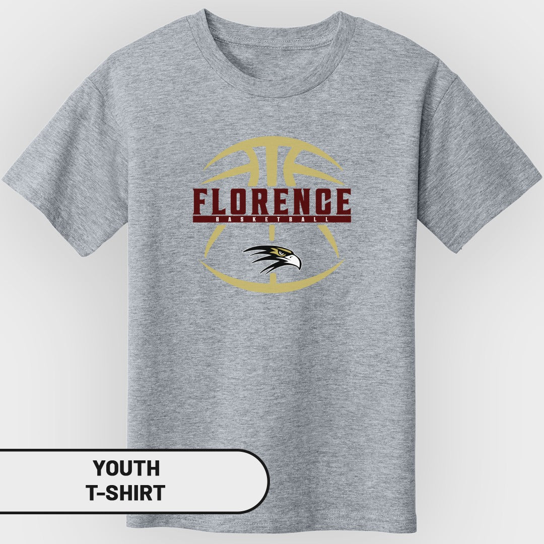 Grey youth t-shirt with Florence Basketball logo and eagle graphic.